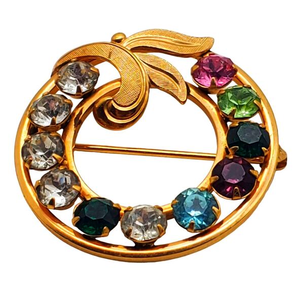 Van Dell Rhinestone Brooch Circle Round Multi Color Gold Filled 1/20 12K Pin - Picture 4 of 7
